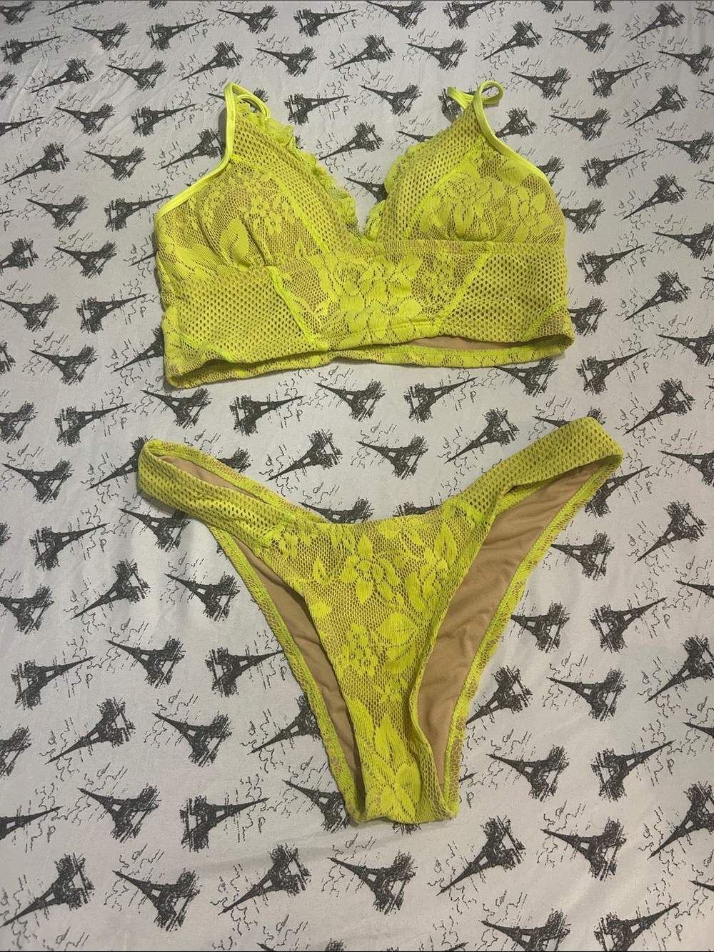 BCBGeneration Neon Yellow Lace Mesh Bikini Set